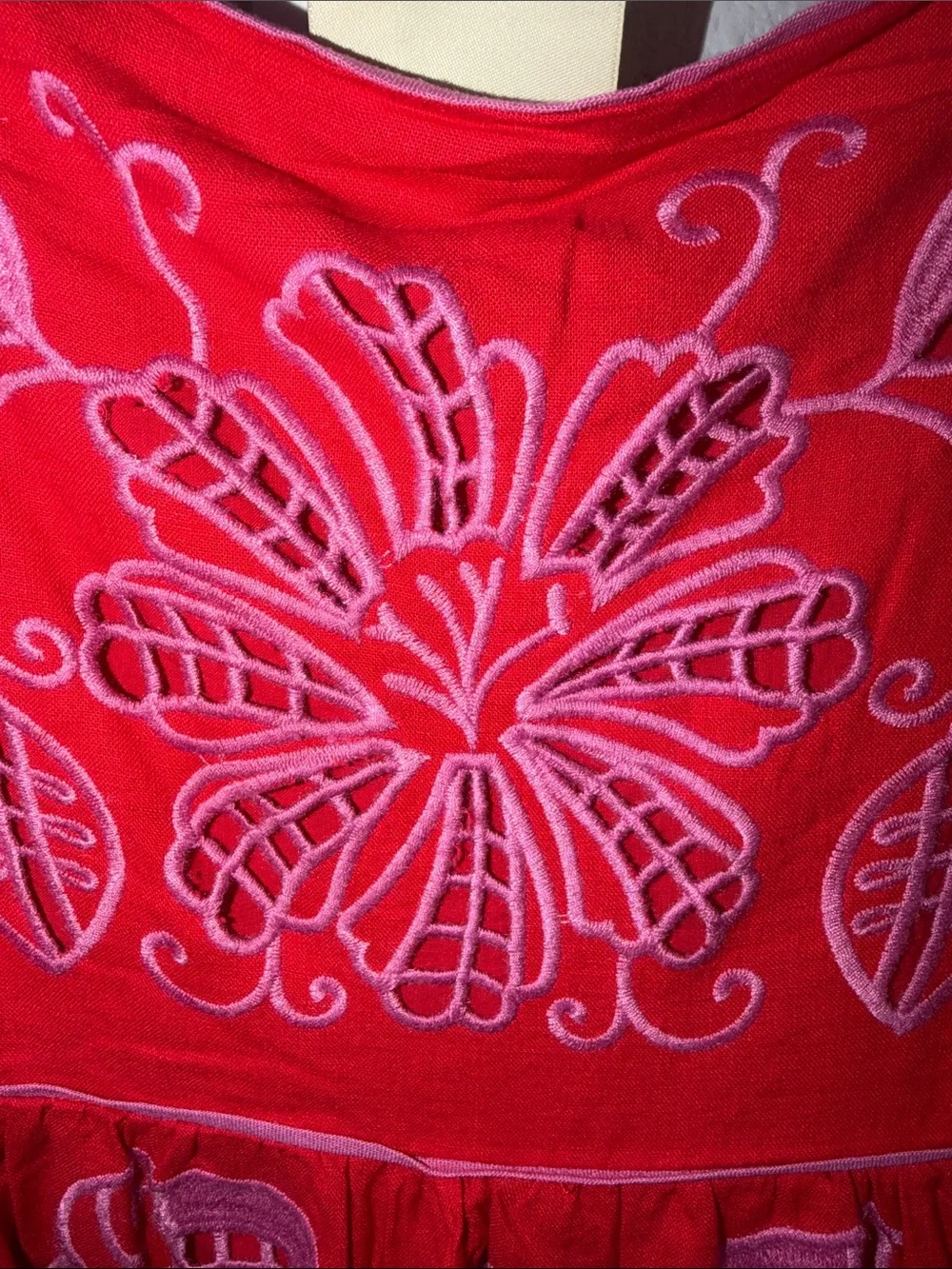 Farm Rio- Red Palm Tree Embroidered Puff-Sleeve-Midi Dress - Picture 7 of 12
